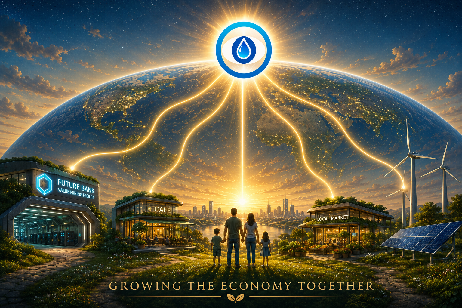 A radiant O water-drop coin shining like a sun over the Earth, threads of golden light connecting a future bank, a café, a local market, wind turbines and solar panels, with a family looking on — captioned 'Growing the Economy Together'.