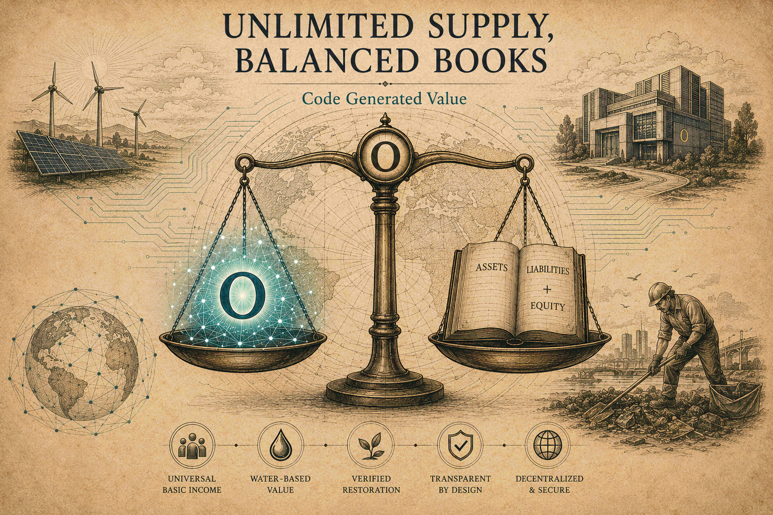 Unlimited Supply, Balanced Books — an engraved-style balance scale weighing a glowing O coin against an open ledger of assets, liabilities and equity, surrounded by renewable energy and restoration imagery.