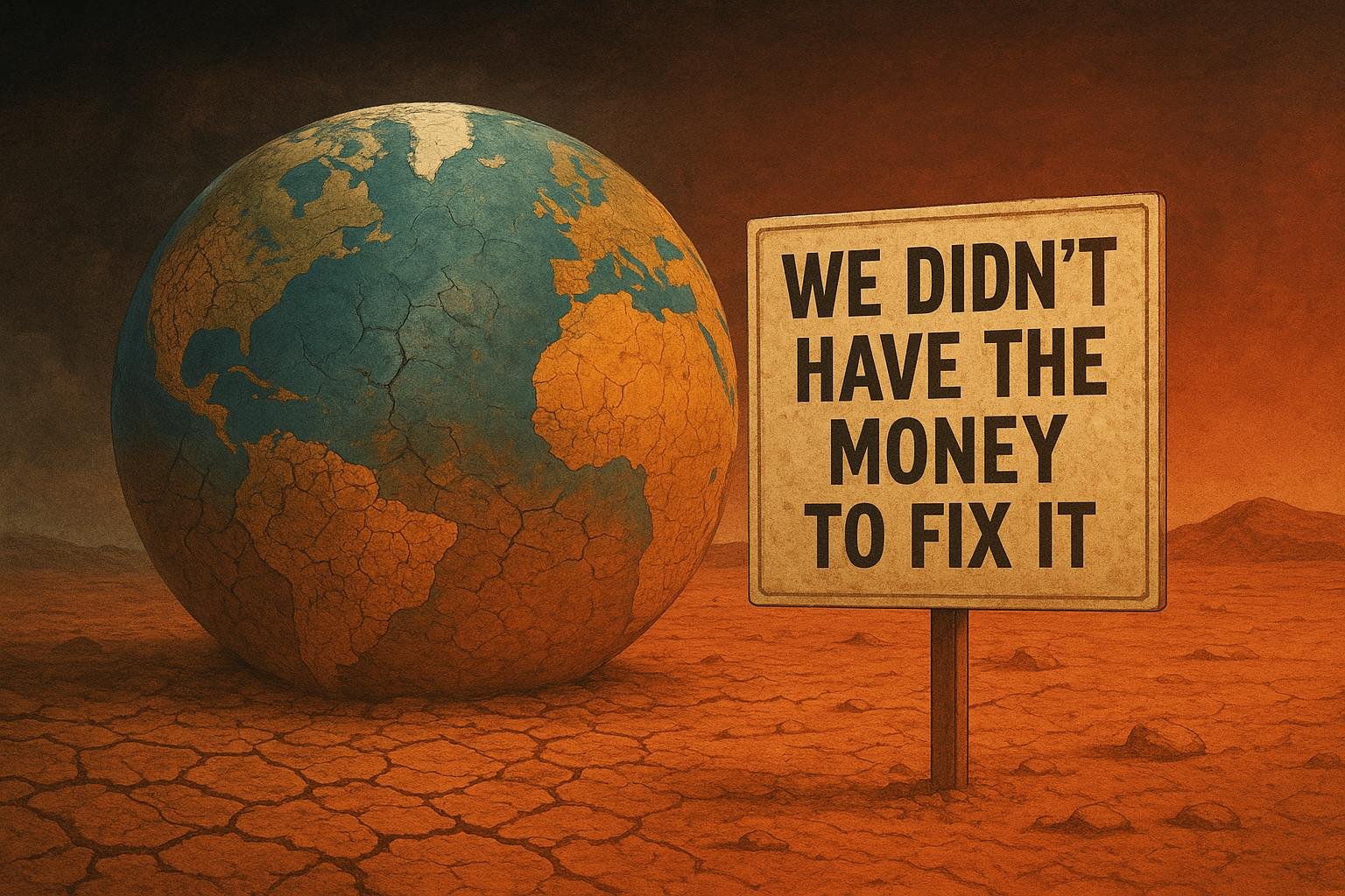 A cracked Earth globe on parched ground with a sign reading 'WE DIDN'T HAVE THE MONEY TO FIX IT'.